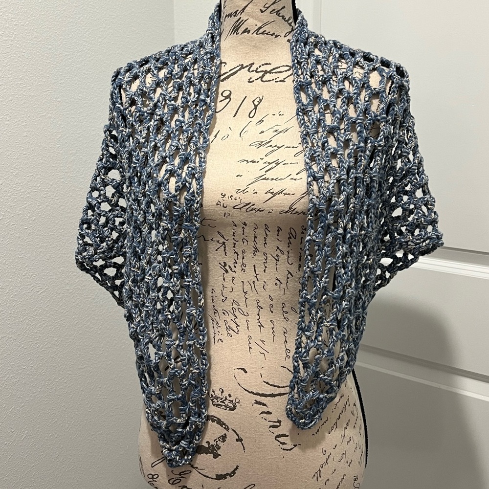 New Handcrafted in Greece Elegant Blue Open-Knit Crochet Women's Wrap Sweater